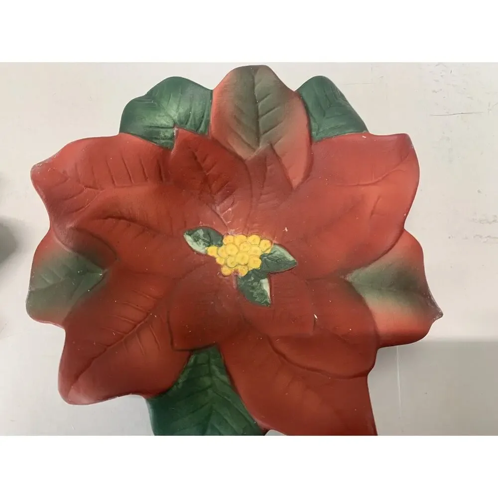 Partylite Poinsettia Plate Candle Holder Bowl PAIR Red White Stickers‎ Flowers - Picture 2 of 4